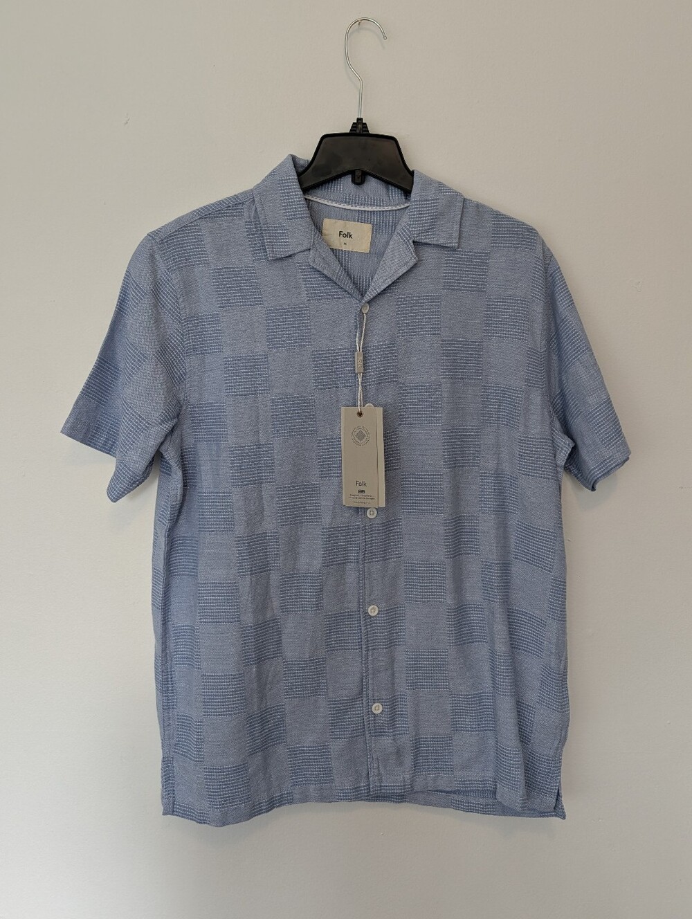 NWT Folk Clothing Checker Short Sleeve Shirt Textured Waffle Cotton Blue M